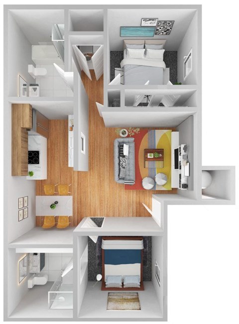A 3D floor plan of a small apartment with a kitchen, living room, and bedroom.